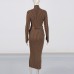Elegant temperament Japanese and Korean casual half high neck belt long skirt long sleeved dress