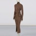 Elegant temperament Japanese and Korean casual half high neck belt long skirt long sleeved dress