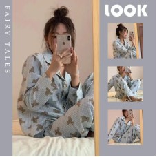 Collar pajamas women's cardigan long sleeved pants cartoon home suit set