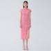 Summer new gentle pink temperament slim waist small sleeves printed pleated temperament dress for women