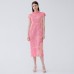 Summer new gentle pink temperament slim waist small sleeves printed pleated temperament dress for women