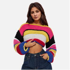 Striped long sleeved rainbow grid heavy handmade versatile short sweater knitted sweater