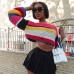 Striped long sleeved rainbow grid heavy handmade versatile short sweater knitted sweater