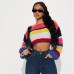 Striped long sleeved rainbow grid heavy handmade versatile short sweater knitted sweater