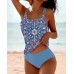 Digital Printed Shoulder Strap Tankini High Waist Triangle Pants Split Swimsuit for Women