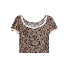 Retro short sleeved T-shirt slim fit square neck leopard print top