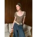 Retro short sleeved T-shirt slim fit square neck leopard print top