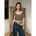 Retro short sleeved T-shirt slim fit square neck leopard print top