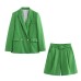 Simple imitation linen double breasted loose casual suit with belt and shorts set