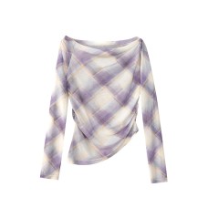 One shoulder plaid slim fit chiffon shirt for women