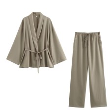 Fashionable texture double breasted kimono top outerwear+straight leg pants two-piece set