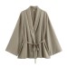 Fashionable texture double breasted kimono top outerwear+straight leg pants two-piece set