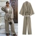 Fashionable texture double breasted kimono top outerwear+straight leg pants two-piece set