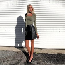 European and American high-end royal sister style T-shirt autumn and winter square collar tie slim temperament short top