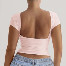 Solid color round neck leak back short sleeved sexy slim fit top T-shirt Solid color round neck leak back short sleeved sexy slim fit top T-shirt