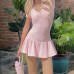 Knitted short sleeved pleated slim fit waist hugging skirt
