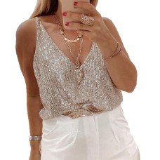 Deep V-bead sleeveless top T-shirt