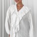 French casual loose and versatile ruffled V-neck long sleeved top