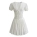 V-neck waist cinching mini skirt with hollow embroidery bubble sleeves and short skirt