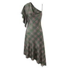Single shoulder retro plaid irregular jumpsuit short skirt