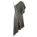 Single shoulder retro plaid irregular jumpsuit short skirt
