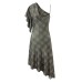 Single shoulder retro plaid irregular jumpsuit short skirt