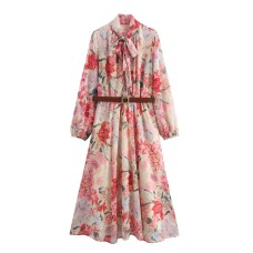 Floral print Midi dress with waistband for women Floral print Midi dress with waistband for women