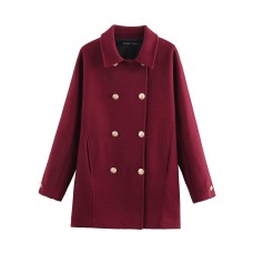 Collar long sleeved double breasted woolen coat jacket