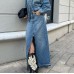 European and American split blue high waisted skirt, fashionable denim long skirt