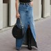 European and American split blue high waisted skirt, fashionable denim long skirt