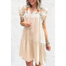 Floral Embroidery Pom Pom Ruffle Sleeves Mini Dress Floral Embroidery Pom Pom Ruffle Sleeves Mini Dress