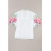 Floral Embroidered Puff Sleeve Notched Blouse