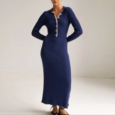 Quarter Button Long Sleeve Midi Dress