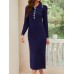 Quarter Button Long Sleeve Midi Dress