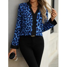 Spring and Autumn New V-neck Leopard print Long sleeved Women's Shirt