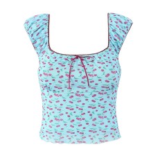 Bubble sleeve cherry print square neck T-shirt top