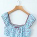 Bubble sleeve cherry print square neck T-shirt top