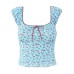 Bubble sleeve cherry print square neck T-shirt top