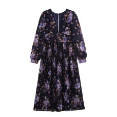 Summer V-neck loose chiffon printed pleated long dress for women