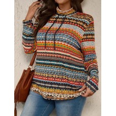 Plus Size Drawstring Printed Mock Neck Long Sleeve Top