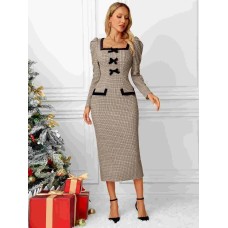 Bow Plaid Square Neck Puff Sleeve Dress