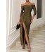 Slit Off-Shoulder Long Sleeve Midi Dress