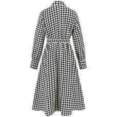 Tied Houndstooth Long Sleeve Midi Dress