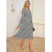 Tied Houndstooth Long Sleeve Midi Dress