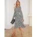 Tied Houndstooth Long Sleeve Midi Dress