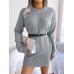 Solid color plaid long sleeved base knitted woolen dress