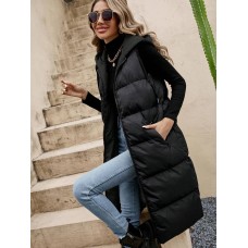 Drawstring Zip Up Hooded Longline Vest Coat