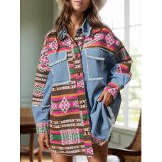 Spliced denim jacket with washed frayed edges