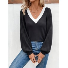 Contrast V-Neck Long Sleeve T-Shirt