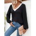 Contrast V-Neck Long Sleeve T-Shirt
